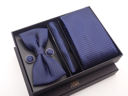 Solid Navy Blue Stripe Necktie Set / Pocket Square Tie Bowtie Cufflinks Set / Wedding Tie / Tie Clips / Gift for him Mens Groomsmen Gift