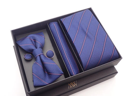 Navy Blue Stripe Necktie Set / Pocket Square Tie Bowtie Cufflinks Set / Wedding Tie / Tie Clips / Gift for him Mens Groomsmen Gift