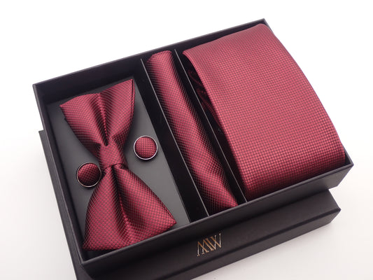 Dark Red Square Pattern Tie Set / Pocket Square Tie Bowtie Cufflinks Set / Wedding Tie / Tie Clips / Gift for him Mens Groomsmen Gift