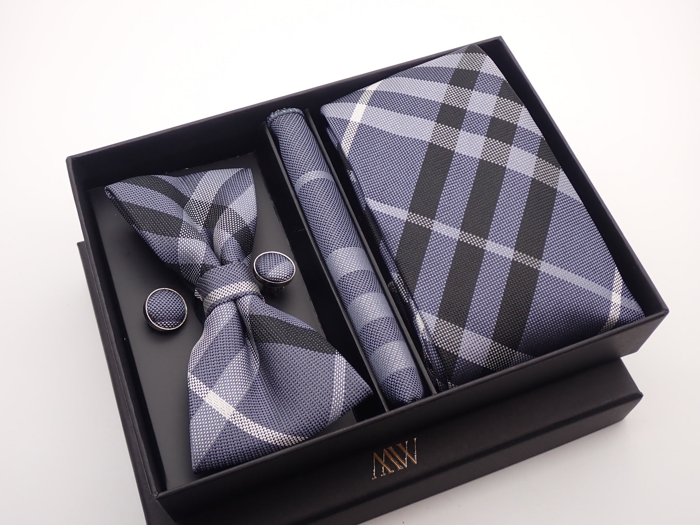 Gray Plaid Stripe Tie Set / Pocket Square Tie Bowtie Cufflinks Set / Wedding Tie / Tie Clips / Gift for him Mens Groomsmen Gift