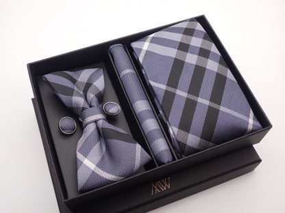 Gray Plaid Stripe Tie Set / Pocket Square Tie Bowtie Cufflinks Set / Wedding Tie / Tie Clips / Gift for him Mens Groomsmen Gift