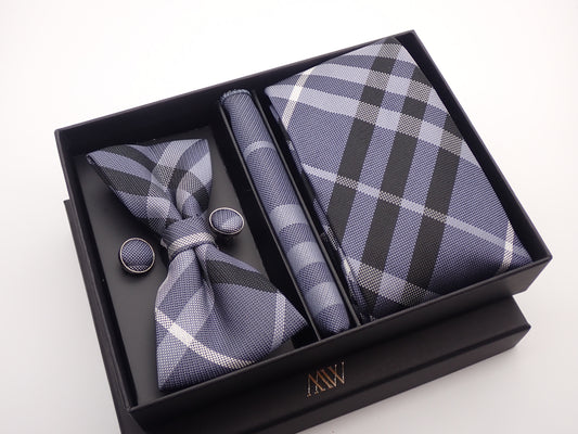 Gray Plaid Stripe Tie Set / Pocket Square Tie Bowtie Cufflinks Set / Wedding Tie / Tie Clips / Gift for him Mens Groomsmen Gift