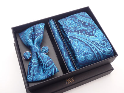 Cyan Blue Paisley Pattern Necktie Set / Pocket Square Tie Bowtie Cufflinks Set / Wedding Tie / Tie Clips / Gift for him Mens Groomsmen Gift