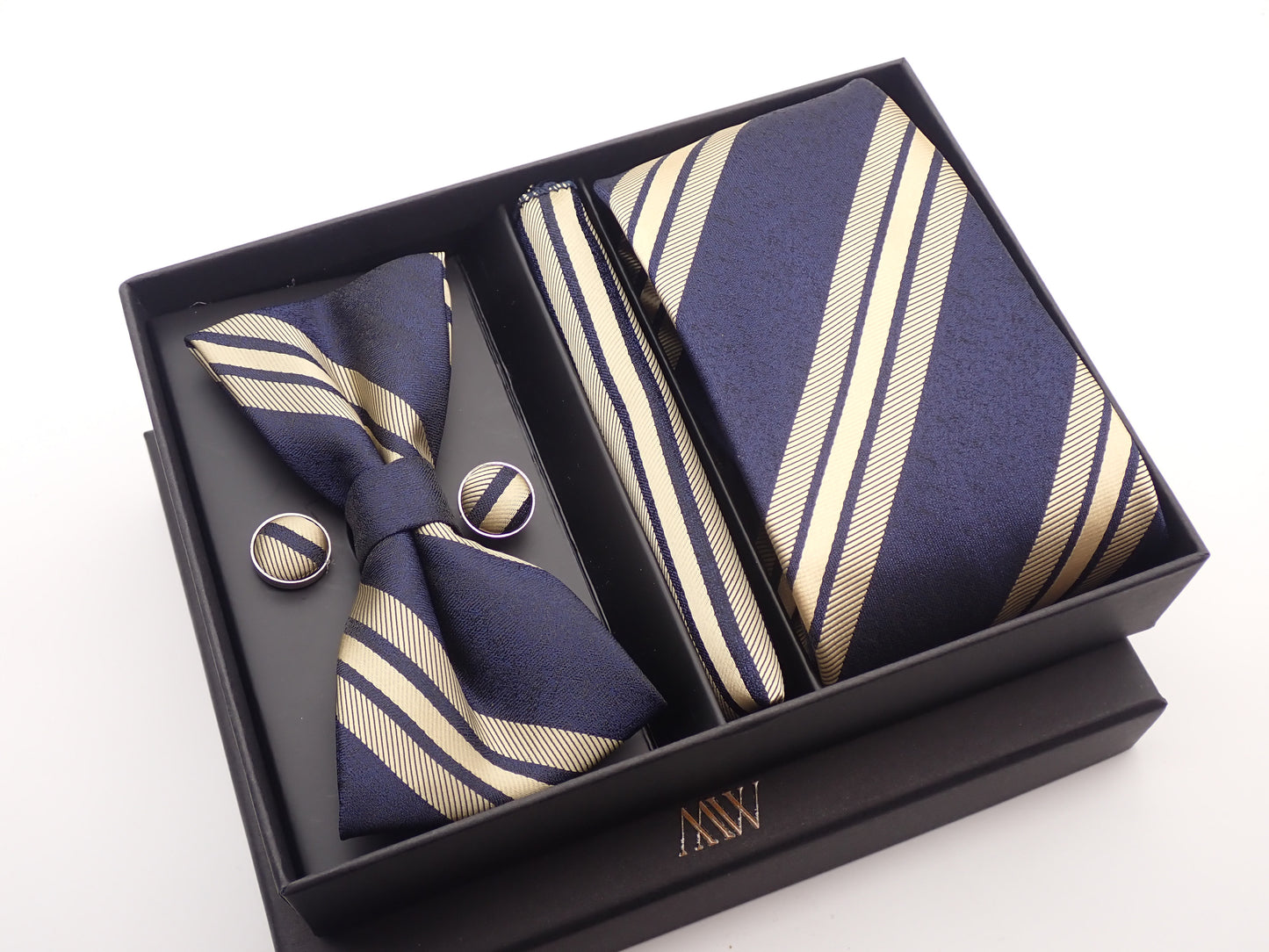Navy Blue Rose Gold Stripe Necktie Set / Pocket Square Tie Bowtie Cufflinks Set / Wedding Tie / Tie Clips / Gift for him Mens Groomsmen Gift