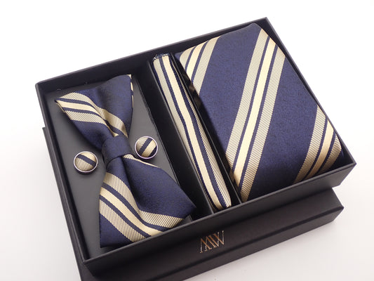Navy Blue Rose Gold Stripe Necktie Set / Pocket Square Tie Bowtie Cufflinks Set / Wedding Tie / Tie Clips / Gift for him Mens Groomsmen Gift