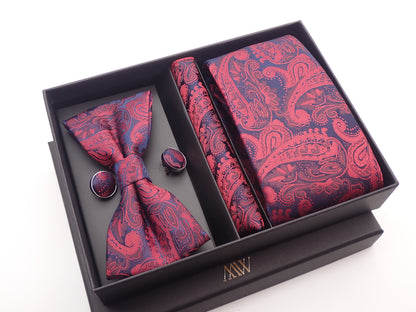Burgundy Red Paisley Tie Set / Pocket Square Tie Bowtie Cufflinks Set / Wedding Tie / Tie Clips / Gift for him Mens anniversary Groomsmen Gift