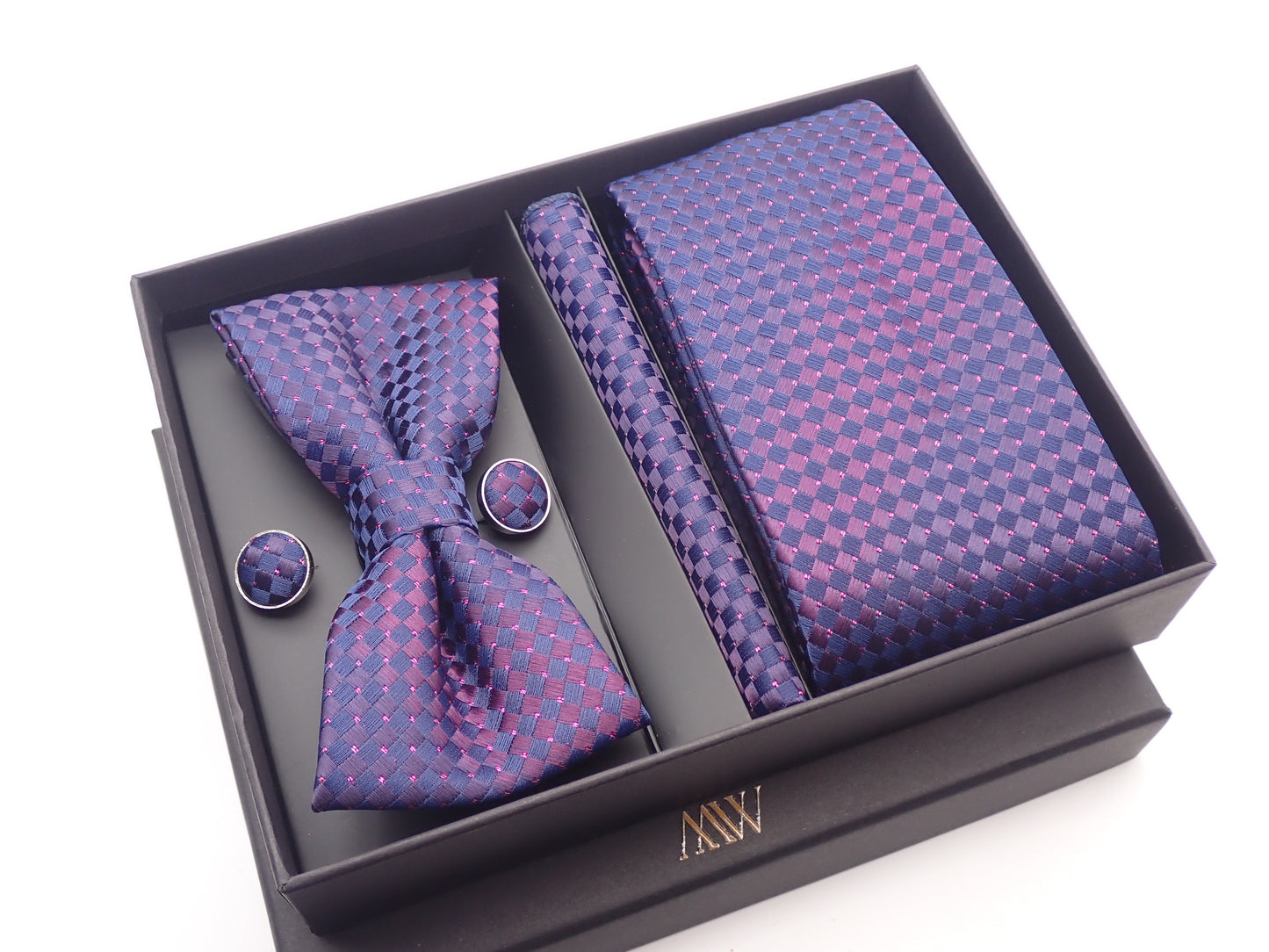Regency Purple Pattern Tie Set / Pocket Square, Bowtie, Tie Clip, Cufflinks / Gift for Him / Wedding Groomsmen Gift / Men's Present / Box