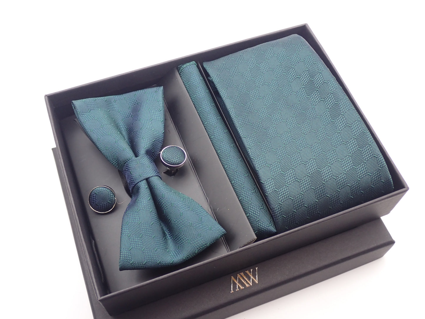Dark Green Square Pattern Tie Set / Pocket Square, Bowtie, Tie Clip, Cufflinks / Gift for Him / Wedding Groomsmen Gift / Men's Present
