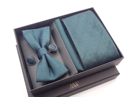 Dark Green Square Pattern Tie Set / Pocket Square, Bowtie, Tie Clip, Cufflinks / Gift for Him / Wedding Groomsmen Gift / Men's Present