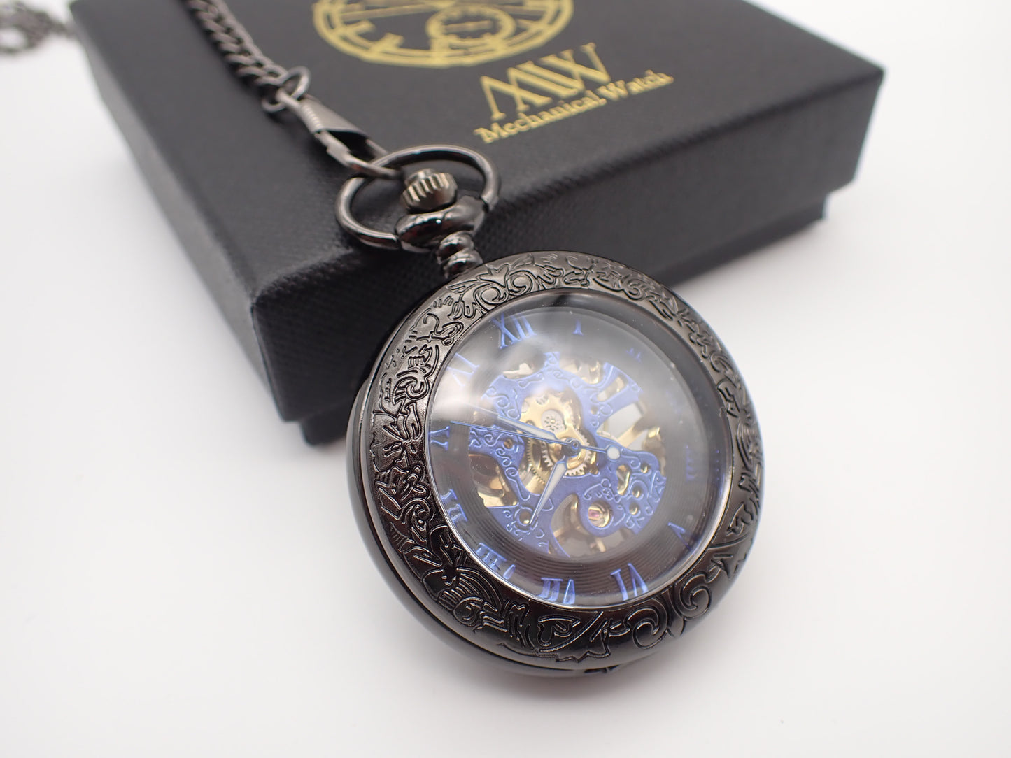 Mechanical pocket watch skeleton design Glossy Black Metal