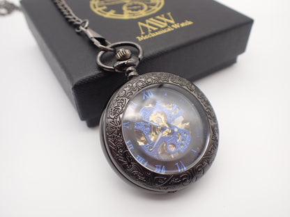 Mechanical pocket watch skeleton design Glossy Black Metal