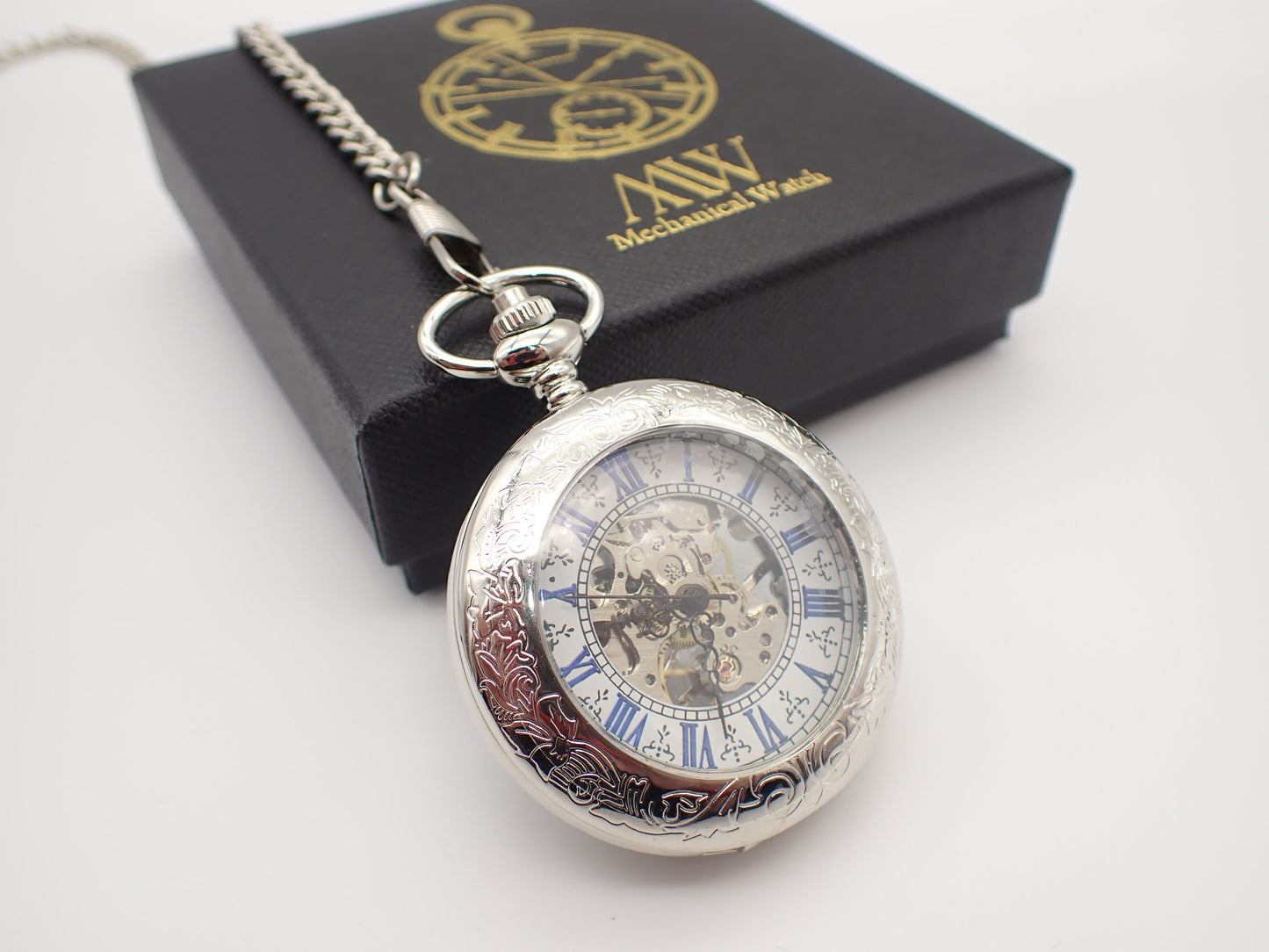 Mechanical pocket watch skeleton design Glossy Black Metal