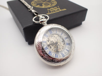 Personalized Engraved Gunmetal & Blue Skeleton Mechanical Pocket Watch | Vintage Meets Industrial | Unique Groomsmen Gift
