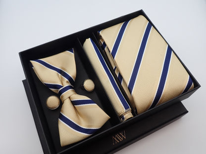Champagne Stripe Tie Set / Pocket Square Tie Bowtie Cufflinks Set / Wedding Tie /Tie Clips/ Gift for him / Mens anniversary Groomsmen Gift