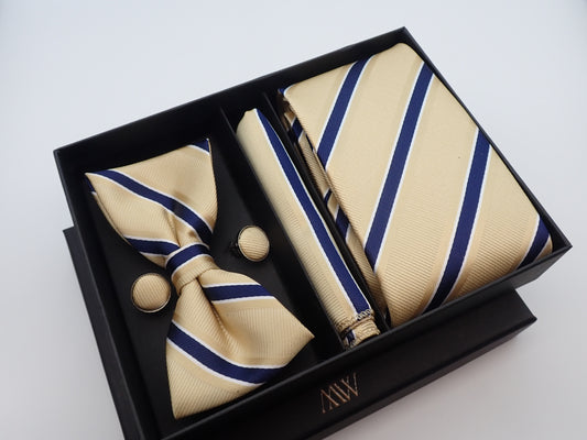 Champagne Stripe Tie Set / Pocket Square Tie Bowtie Cufflinks Set / Wedding Tie /Tie Clips/ Gift for him / Mens anniversary Groomsmen Gift