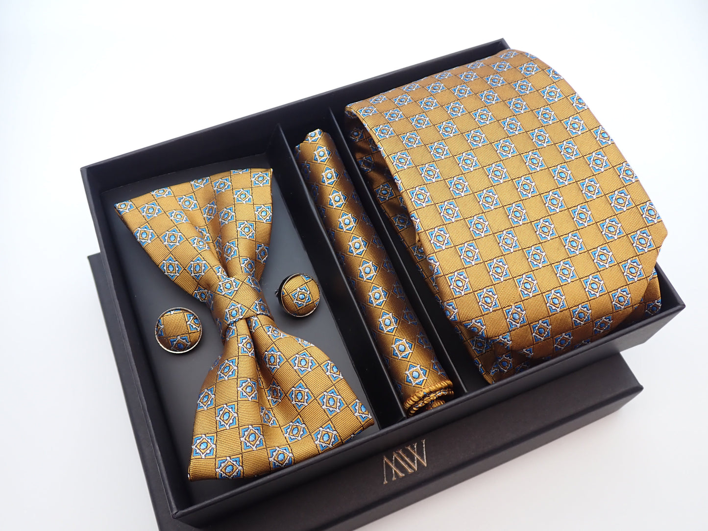 Dusty Gold Square Pattern Necktie Set / Pocket Square Tie Bowtie Cufflinks Set / Wedding Tie / Tie Clips / Gift for him Mens Groomsmen Gift