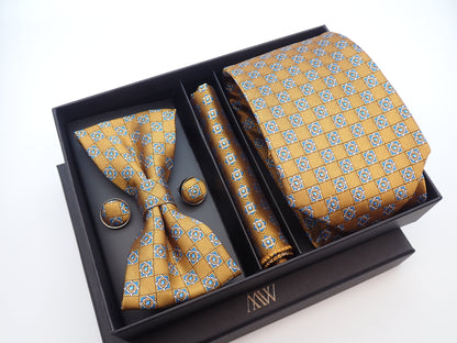 Dusty Gold Square Pattern Necktie Set / Pocket Square Tie Bowtie Cufflinks Set / Wedding Tie / Tie Clips / Gift for him Mens Groomsmen Gift