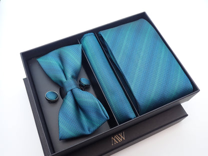 Navy Green Gradient Stripe Necktie Set / Pocket Square Tie Bowtie Cufflinks Set / Wedding Tie / Tie Clips / Gift for him Mens Groomsmen Gift