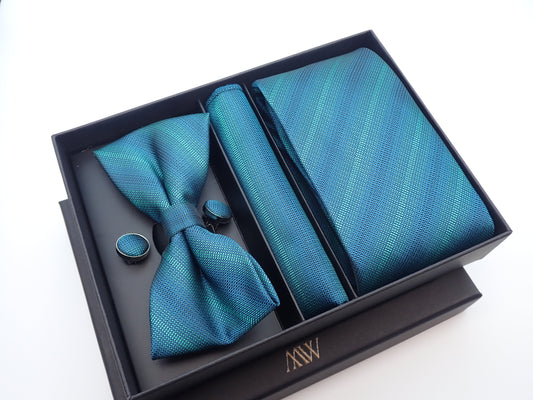 Navy Green Gradient Stripe Necktie Set / Pocket Square Tie Bowtie Cufflinks Set / Wedding Tie / Tie Clips / Gift for him Mens Groomsmen Gift