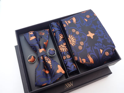 Black Orange Paisley Necktie Set / Pocket Square Tie Bowtie Cufflinks Set / Wedding Tie / Tie Clips / Gift for him Mens Groomsmen Gift