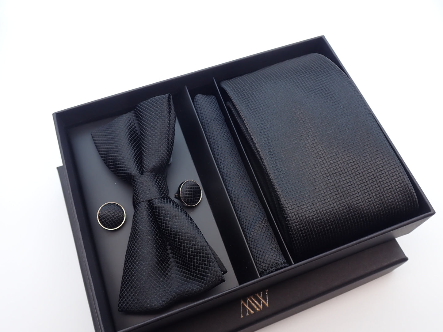 Black Tie Set Premium Necktie and Clip / Pocket Square Tie Bowtie Cufflinks Set / Wedding Tie / Tie Clips / Gift for him Mens Groomsmen Gift