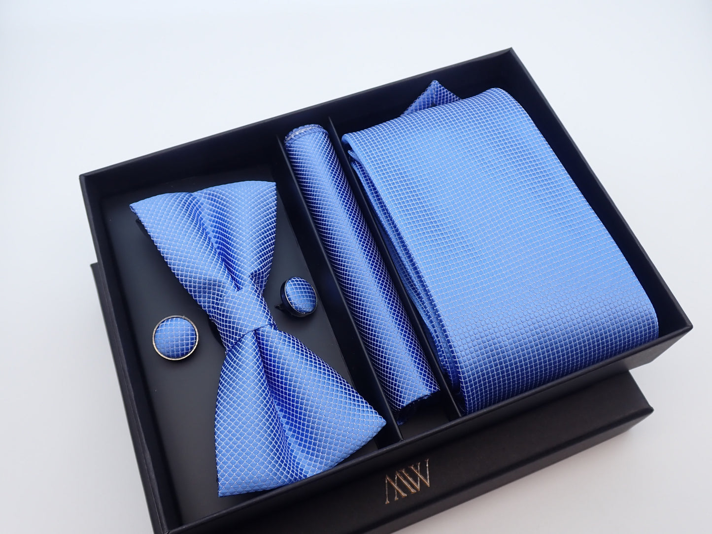 Square Pattern Sky Blue Tie Set / Pocket Square Tie Bowtie Cufflinks Set/Wedding Tie/Tie Clips/ Gift for him Mens anniversary Groomsmen Gift