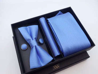 Square Pattern Sky Blue Tie Set / Pocket Square Tie Bowtie Cufflinks Set/Wedding Tie/Tie Clips/ Gift for him Mens anniversary Groomsmen Gift