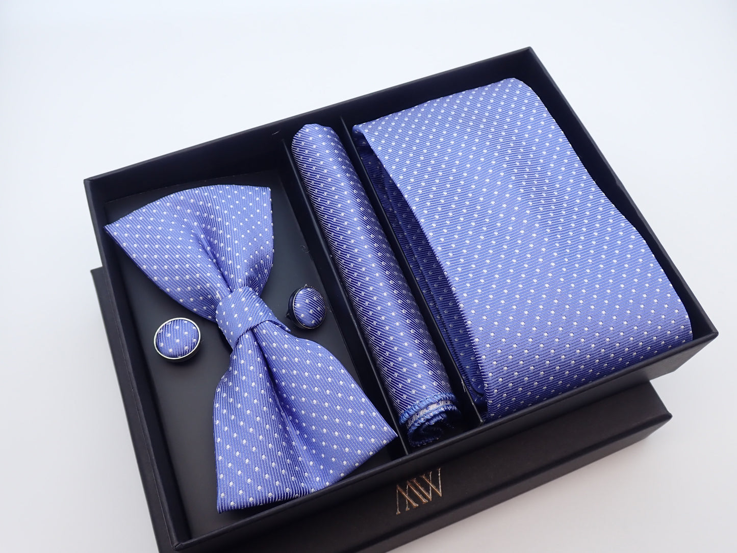 Ocean Blue Dots Tie Set / Pocket Square Tie Bowtie Cufflinks Set / Wedding Tie / Tie Clips / Gift for him Mens anniversary Groomsmen Gift