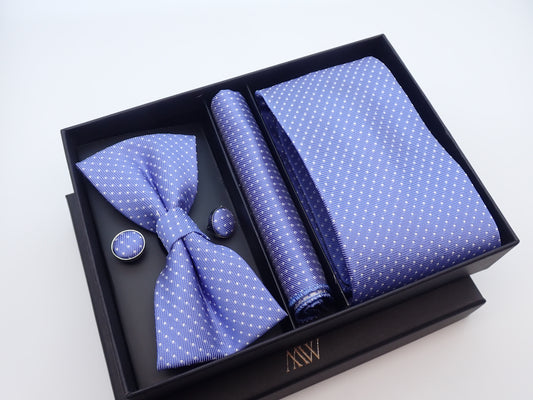 Ocean Blue Dots Tie Set / Pocket Square Tie Bowtie Cufflinks Set / Wedding Tie / Tie Clips / Gift for him Mens anniversary Groomsmen Gift