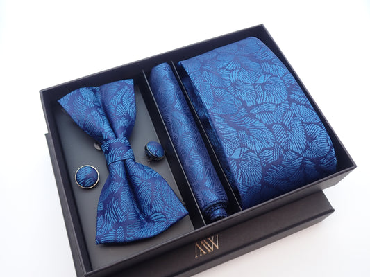 Navy Blue Leaf Pattern Tie Set / Pocket Square, Bowtie, Tie Clip, Cufflinks / Gift for Him / Wedding Groomsmen Gift / Men's Present / Box