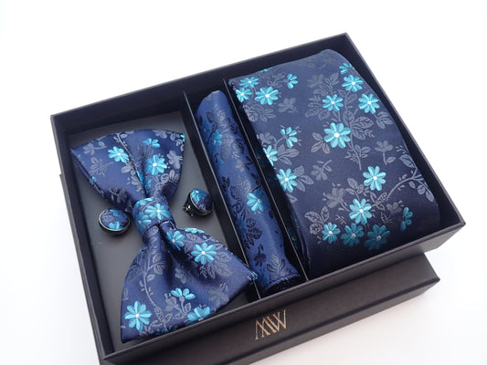 Navy Blue Floral Pattern Tie Set / Pocket Square, Bowtie, Tie Clip, Cufflinks / Gift for Him / Wedding Groomsmen Gift / Men Present / Box