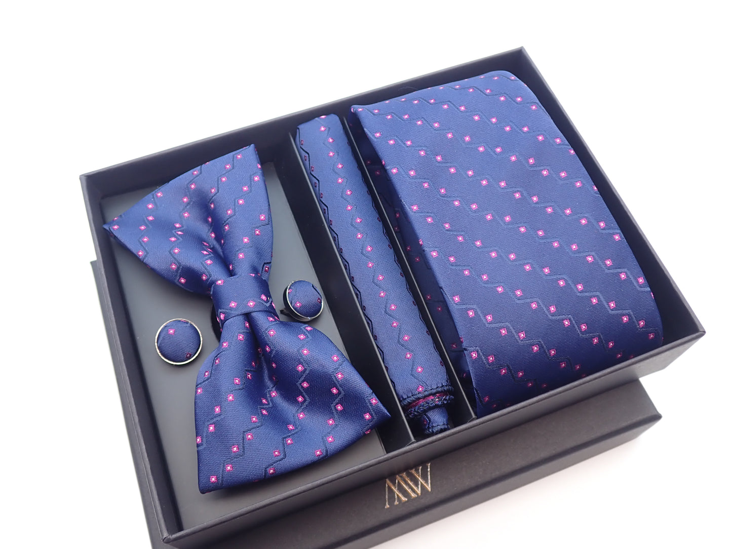 Regency Purple Wave Pattern Tie Set / Pocket Square, Bowtie, Tie Clip, Cufflinks / Gift for Him / Wedding Groomsmen Gift / Men Present / Box