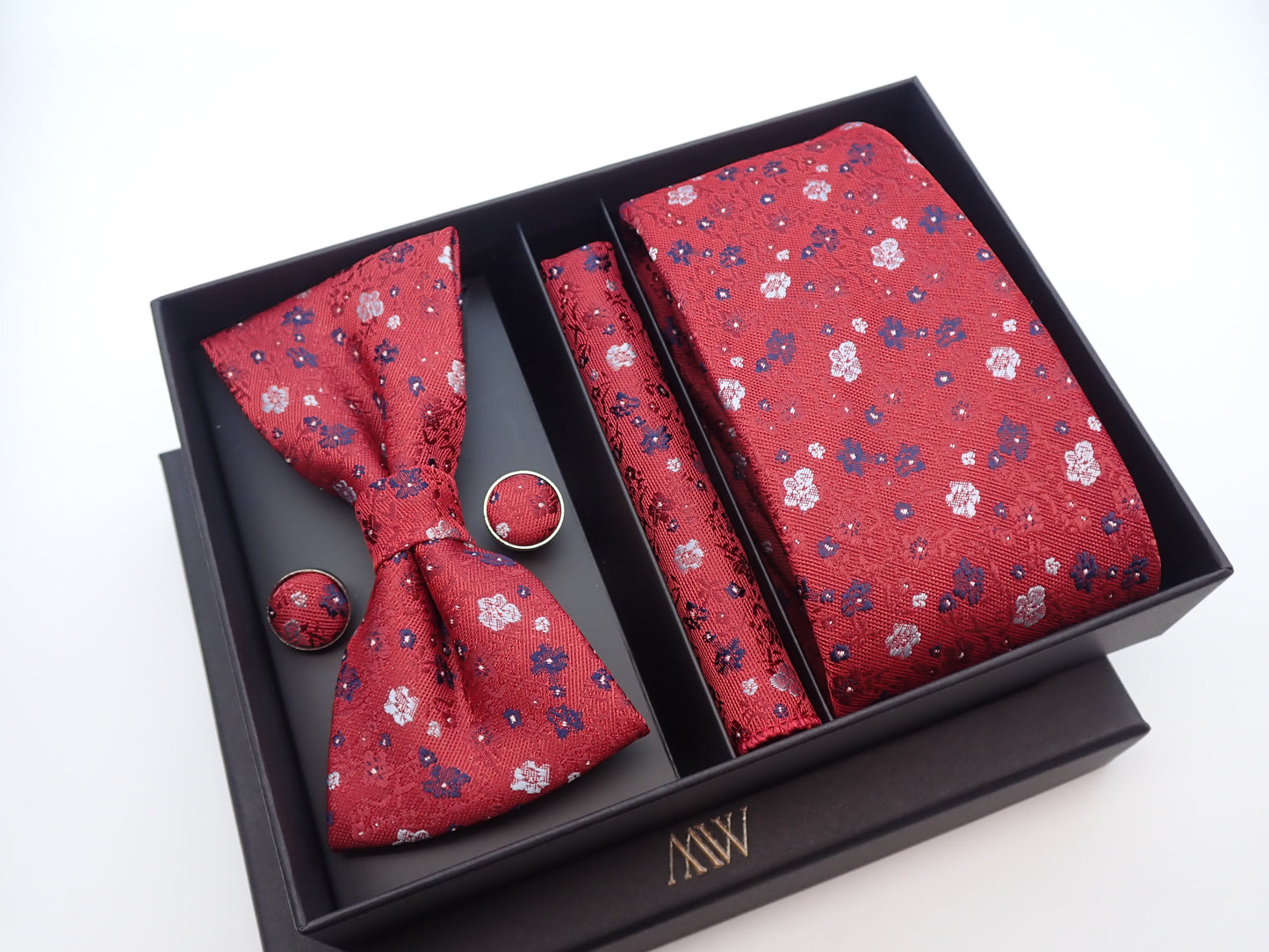 Burgundy Red Floral Pattern Tie Set / Pocket Square, Bowtie, Tie Clip, Cufflinks / Gift for Him / Wedding Groomsmen Gift / Men's Gift Box
