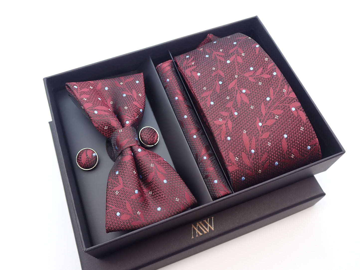 Burgundy Red Floral Pattern Tie Set / Pocket Square, Bowtie, Tie Clip, Cufflinks / Gift for Him / Wedding Groomsmen Gift / Men's Gift Box