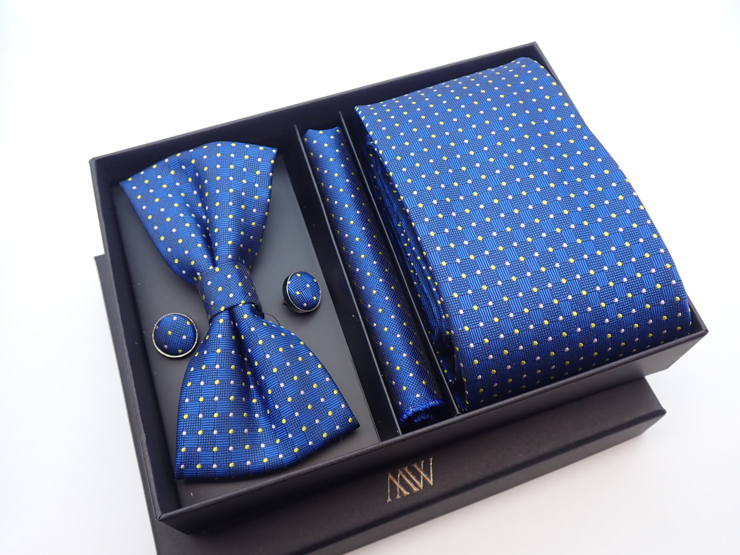 Royal Blue Dot Pattern Necktie Set / Pocket Square Tie Bowtie Cufflinks Set / Wedding Tie / Tie Clips / Gift for him Mens Groomsmen Gift