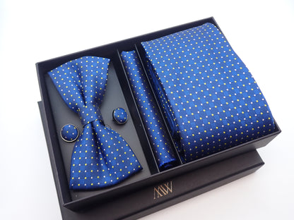 Royal Blue Dot Pattern Necktie Set / Pocket Square Tie Bowtie Cufflinks Set / Wedding Tie / Tie Clips / Gift for him Mens Groomsmen Gift