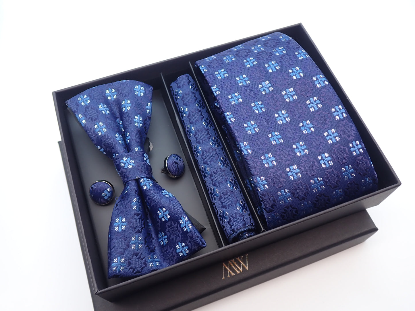 Blue Floral Pattern Tie Set / Pocket Square, Bowtie, Tie Clip, Cufflinks / Gift for Him / Wedding Groomsmen Gift / Men's Present / Gift Box
