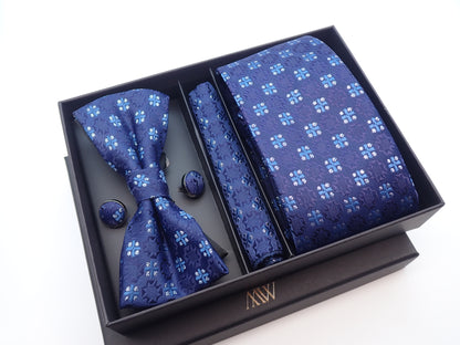 Blue Floral Pattern Tie Set / Pocket Square, Bowtie, Tie Clip, Cufflinks / Gift for Him / Wedding Groomsmen Gift / Men's Present / Gift Box