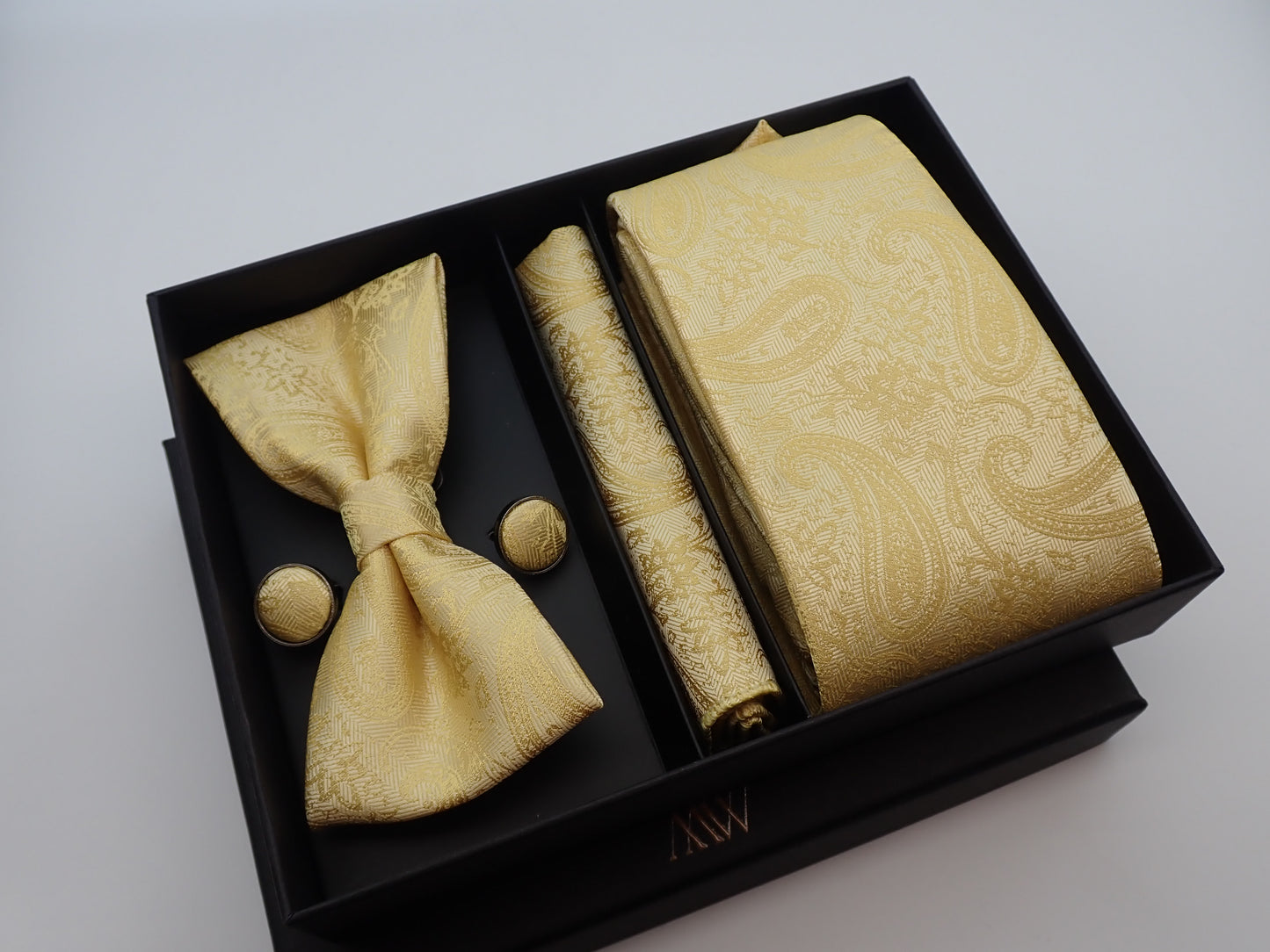 Gold Paisley Pattern Necktie Set / Pocket Square Tie Bowtie Cufflinks Set / Wedding Tie / Tie Clips / Gift for him Mens Groomsmen