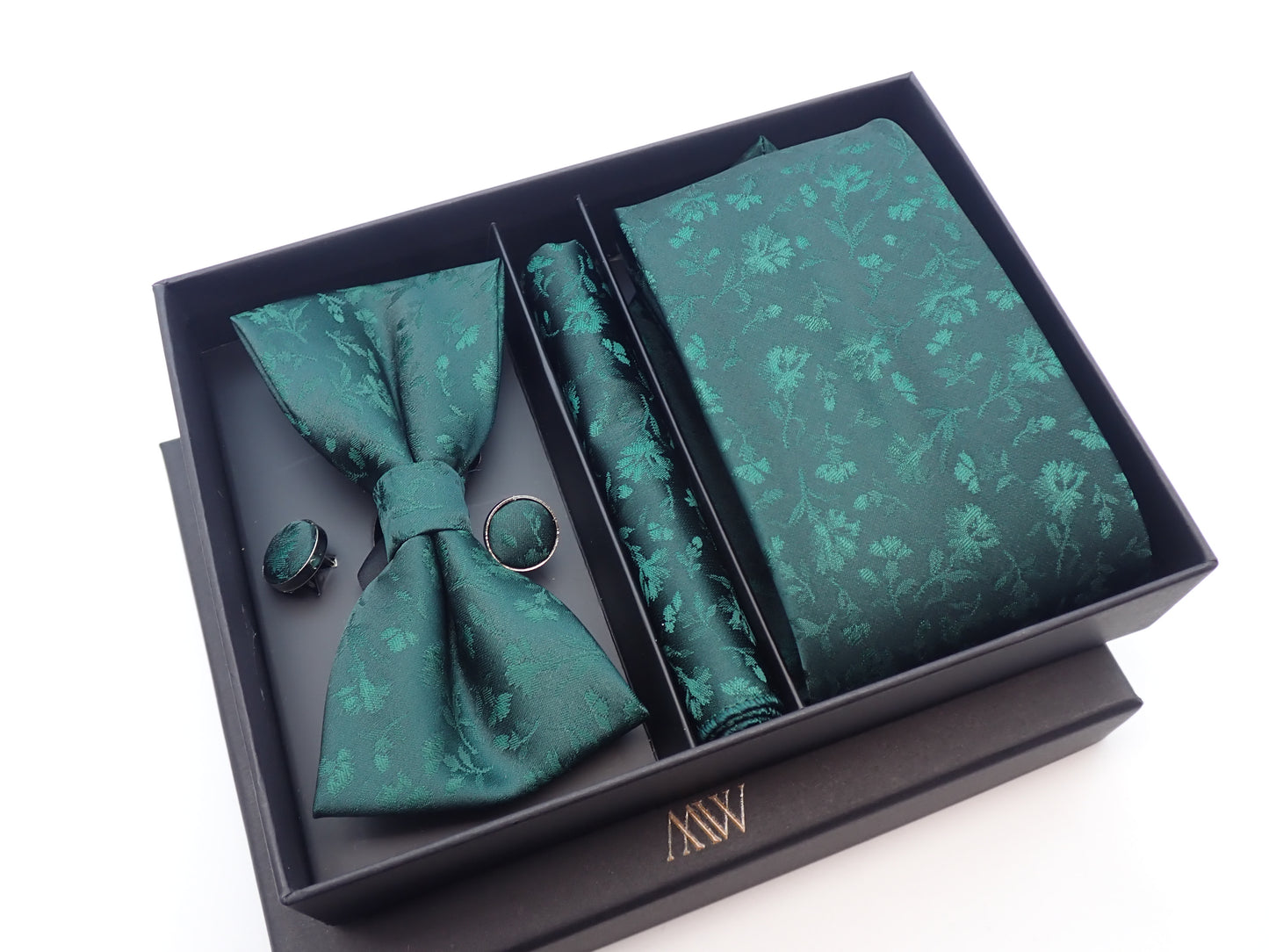 Green Leaf Flower Pattern Tie Set / Pocket Square, Bowtie, Tie Clip, Cufflinks / Gift for Him / Wedding Groomsmen Gift / Men's Present