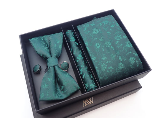 Green Leaf Flower Pattern Tie Set / Pocket Square, Bowtie, Tie Clip, Cufflinks / Gift for Him / Wedding Groomsmen Gift / Men's Present