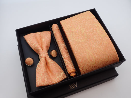 Orange Paisley Pattern Necktie Set / Pocket Square Tie Bowtie Cufflinks Set / Wedding Tie / Tie Clips / Gift for him Mens Groomsmen Gift