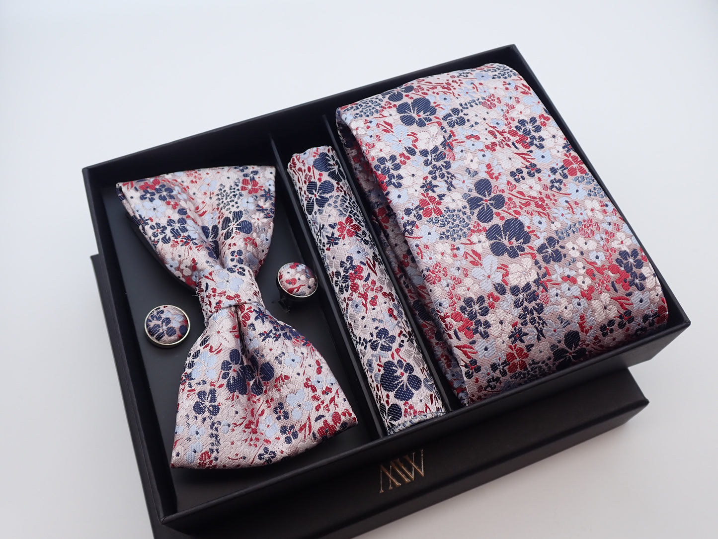 Pink Sakura Floral Tie Set / Pocket Square, Bowtie, Tie Clip, Cufflinks / Gift for Him / Wedding Groomsmen Gift / Men's Gift Box Japan Style