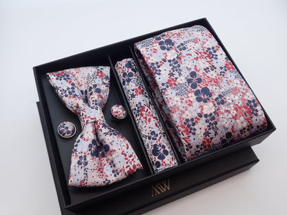 Pink Sakura Floral Tie Set / Pocket Square, Bowtie, Tie Clip, Cufflinks / Gift for Him / Wedding Groomsmen Gift / Men's Gift Box Japan Style