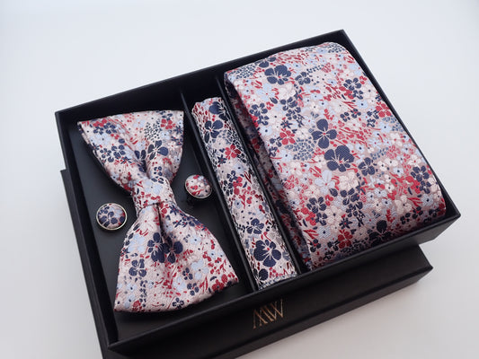Pink Sakura Floral Tie Set / Pocket Square, Bowtie, Tie Clip, Cufflinks / Gift for Him / Wedding Groomsmen Gift / Men's Gift Box Japan Style