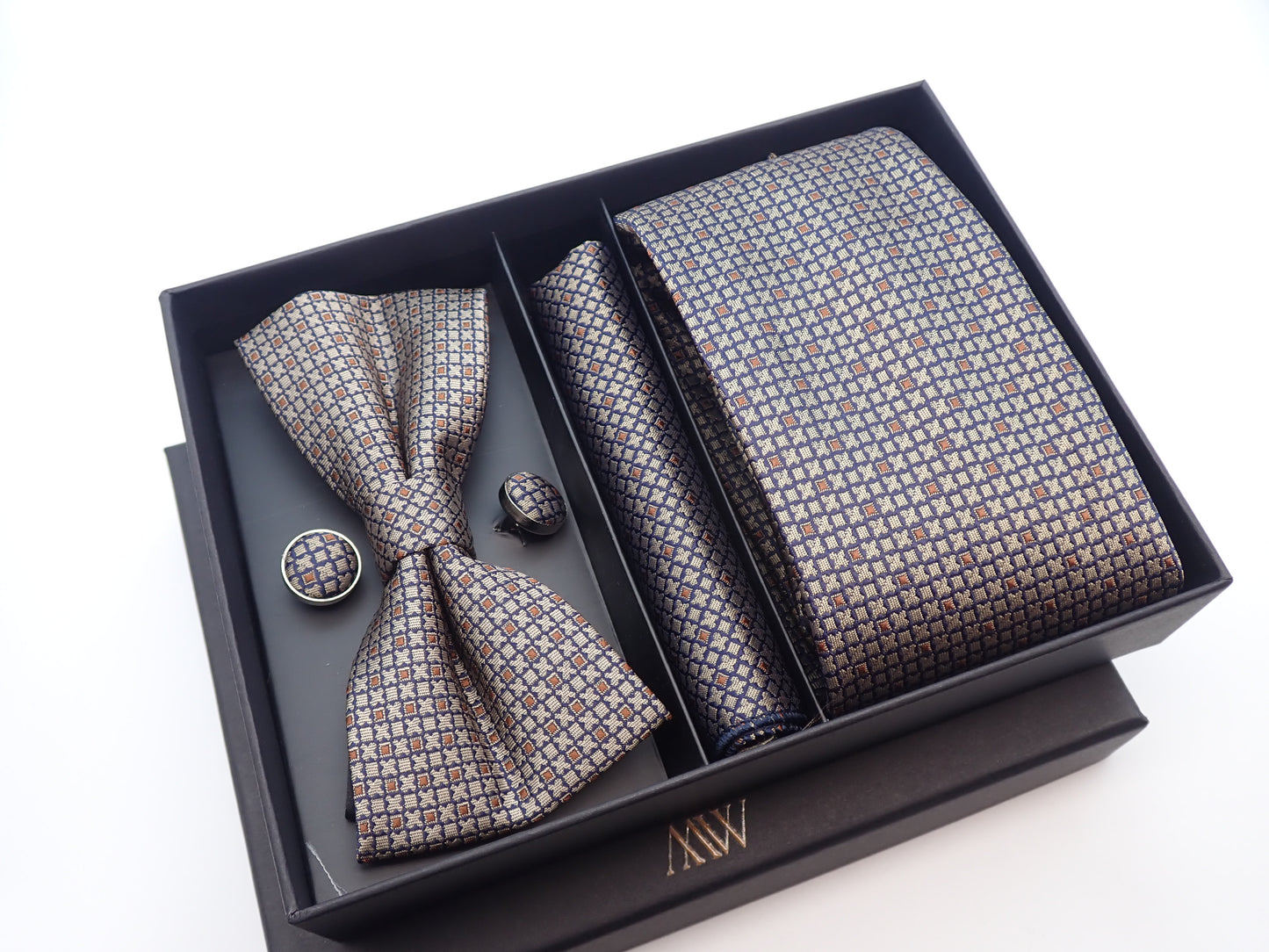 XOXO Brown Pattern Tie Set / Pocket Square Tie Bowtie Cufflinks Set / Wedding Tie / Tie Clips / Gift for him Mens Groomsmen Gift