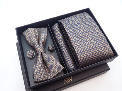 XOXO Brown Pattern Tie Set / Pocket Square Tie Bowtie Cufflinks Set / Wedding Tie / Tie Clips / Gift for him Mens Groomsmen Gift