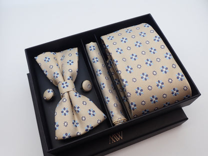 Flower Gold Tie Set / Pocket Square Tie Bowtie Cufflinks Set / Wedding Tie /Tie Clips/ Gift for him Mens anniversary Groomsmen Gift