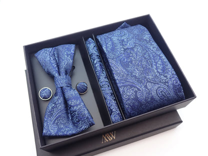 Navy Blue Paisley Pattern Necktie Set / Pocket Square Tie Bowtie Cufflinks Set / Wedding Tie / Tie Clips / Gift for him Mens Groomsmen Gift