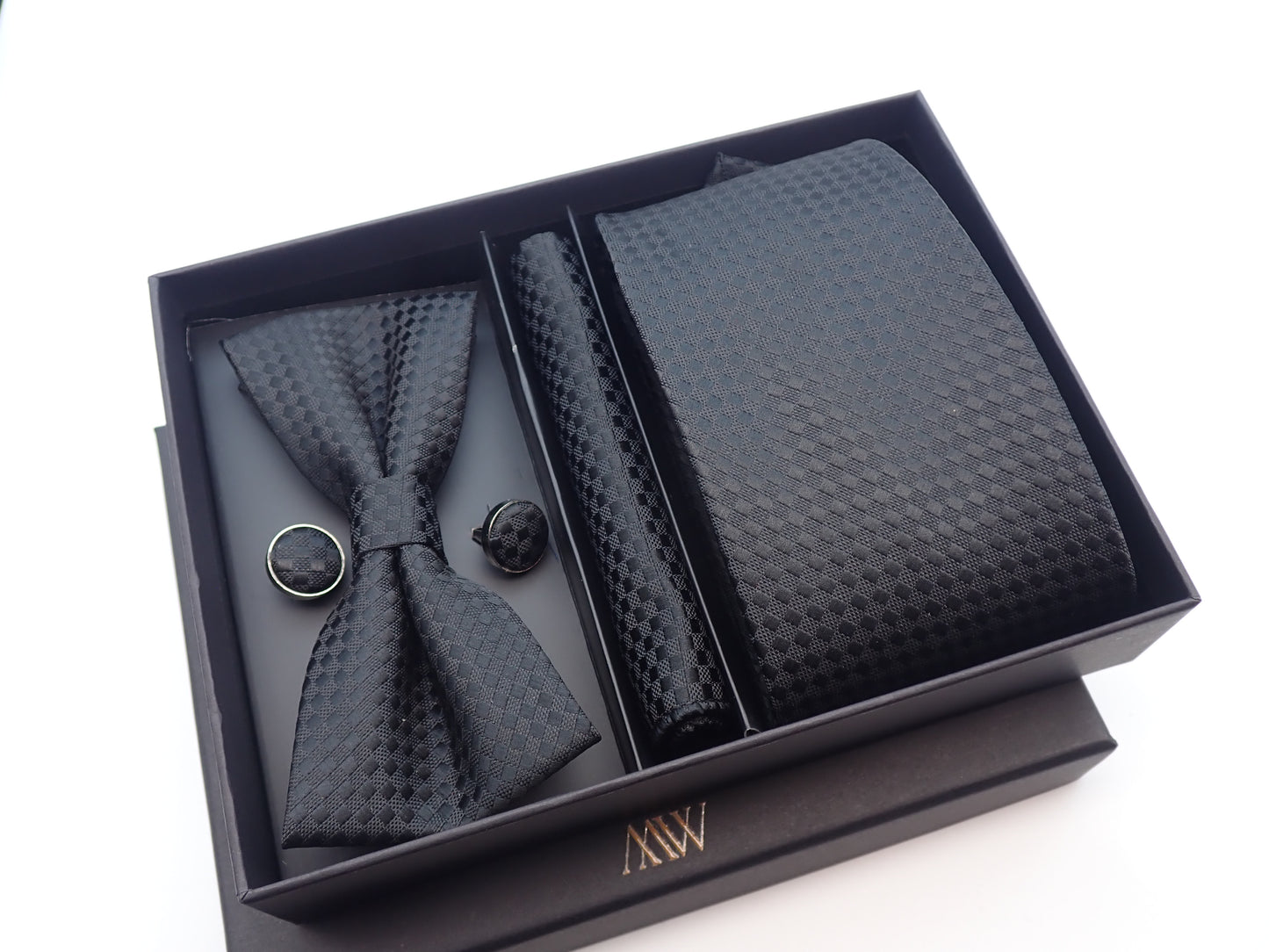 Black / Dark Pattern Tie Set / Pocket Square, Bowtie, Tie Clip, Cufflinks / Gift for Him / Wedding Groomsmen Gift / Men's Present / Box